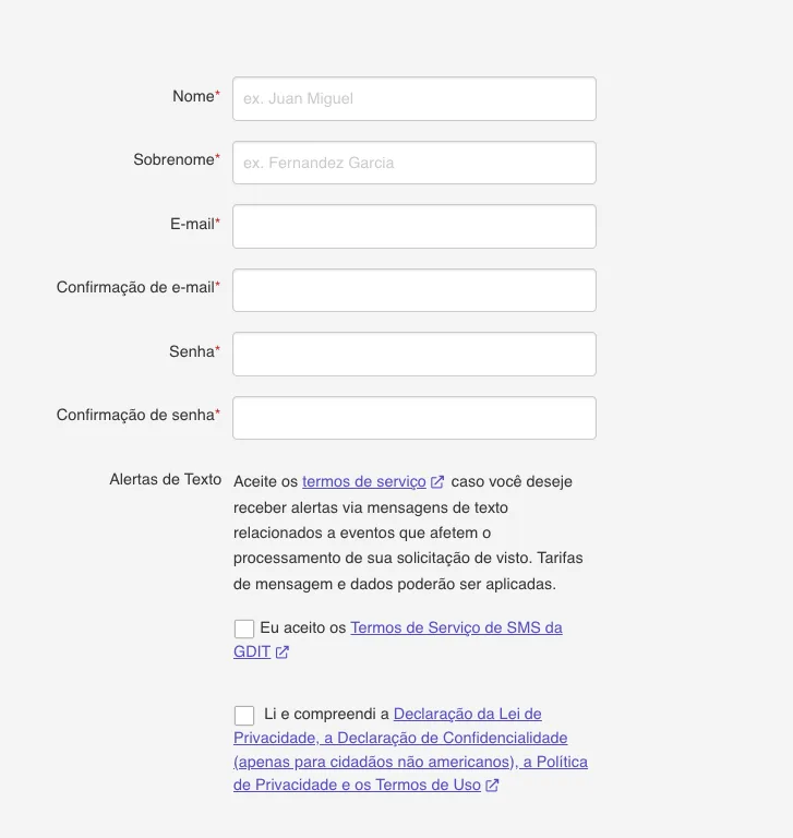 Formulário de cadastro do sistema de agendamento com os campos nome, sobrenome, e-mail, confirmação de e-mail, senha e os aceites de termos