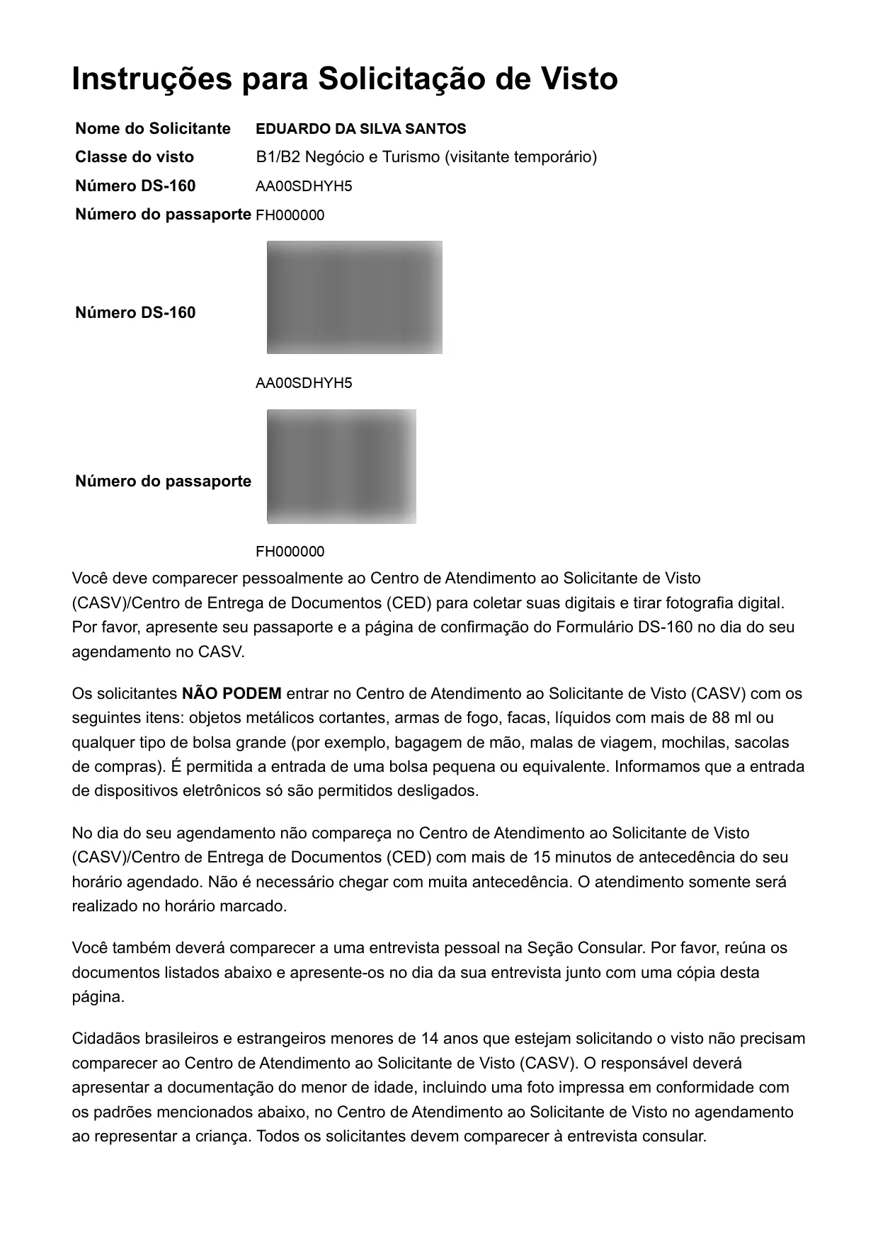 Página de instruções que acompanha o agendamento, com nome do solicitante, número do DS-160, número do passaporte e as regras do CASV
