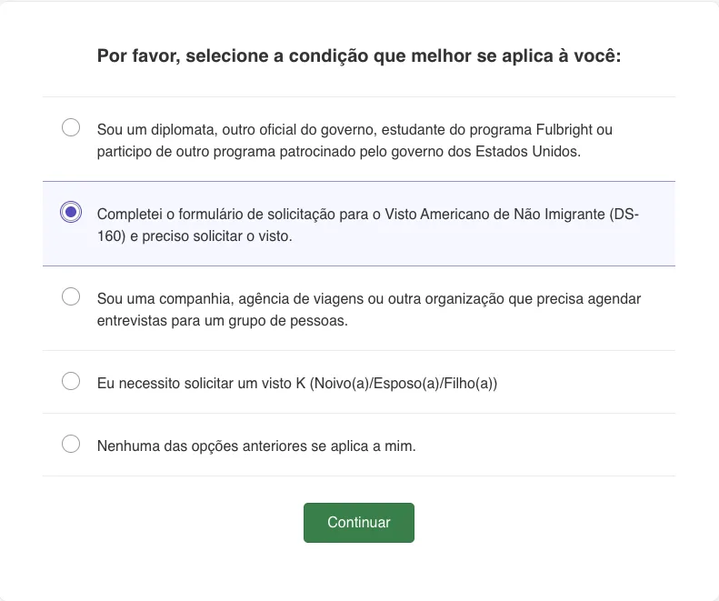 Tela Por favor selecione a condição que melhor se aplica à você, com cinco opções e a segunda marcada