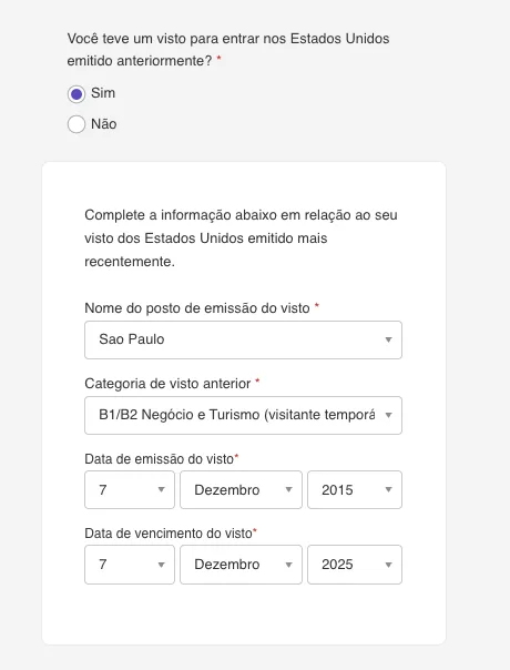 Bloco que aparece ao marcar Sim para visto anterior, pedindo posto de emissão, categoria do visto e datas de emissão e vencimento