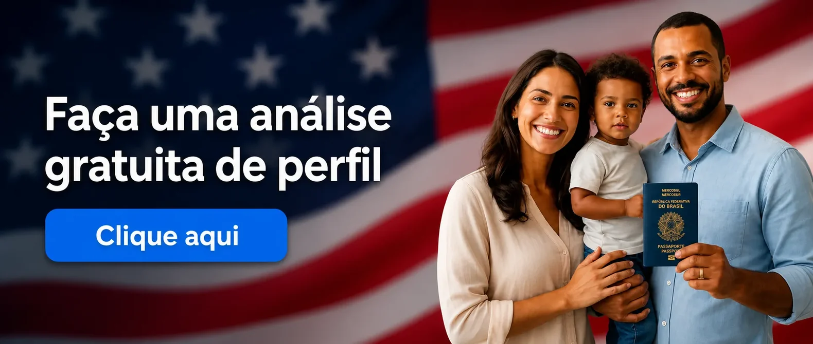Casal com bebê no colo segurando o passaporte brasileiro
