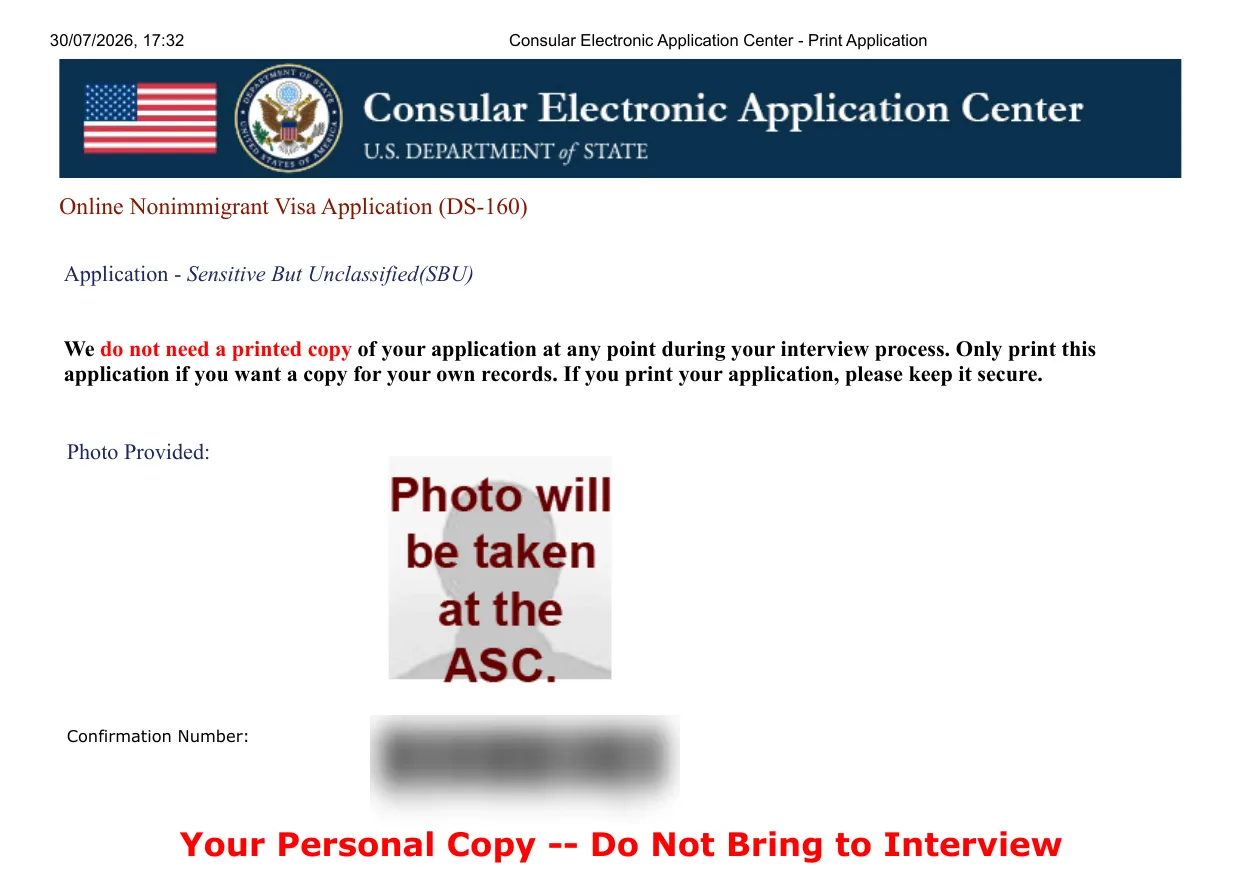 Topo da aplicação completa do DS-160 com o aviso em vermelho Your Personal Copy Do Not Bring to Interview