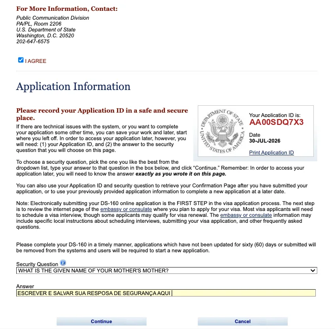 Tela Application Information do DS-160 mostrando o Application ID em vermelho, a data e o campo de pergunta e resposta de segurança