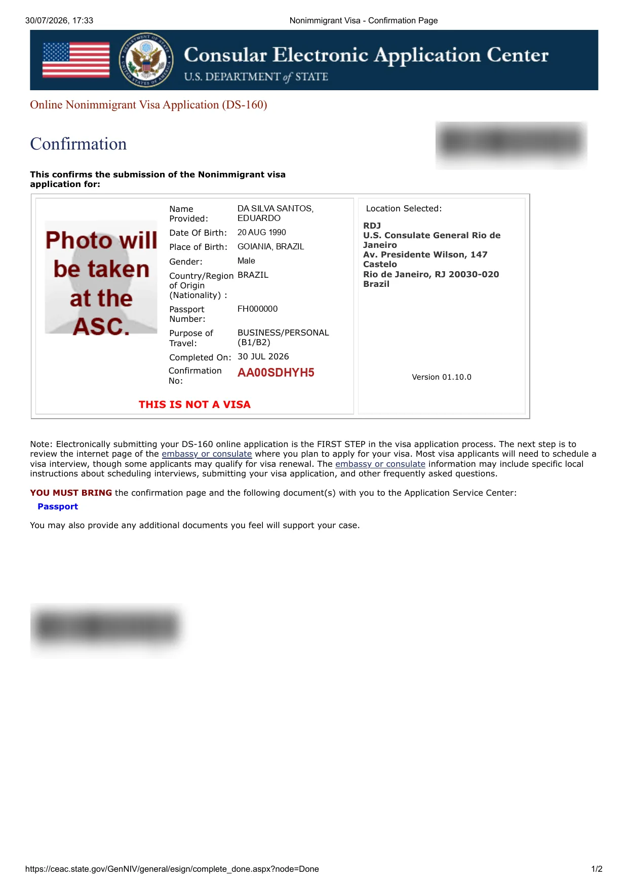 Página de confirmação do DS-160 com nome, data de nascimento, número do passaporte, número de confirmação começando com AA e o aviso YOU MUST BRING
