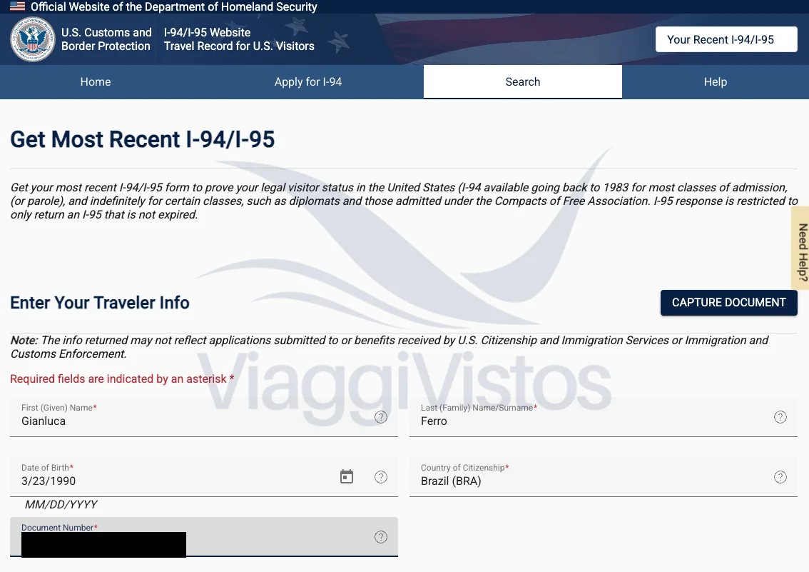 Formulário Get Most Recent I-94/I-95 do site oficial do CBP preenchido com nome, data de nascimento, número do documento e cidadania, com o botão CAPTURE DOCUMENT visível no topo; dados pessoais ocultados