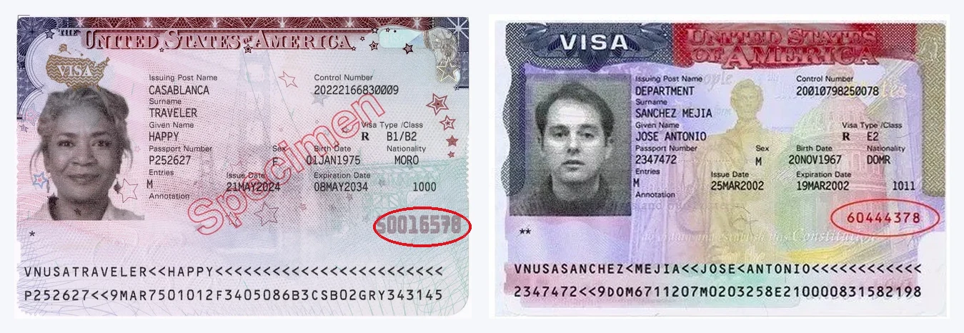 Onde fica o número do visto americano nos modelos novo e antigo Número do visto americano circulado nos dois modelos: no layout novo, no canto inferior direito; no layout antigo, na lateral direita, sempre em tinta vermelha