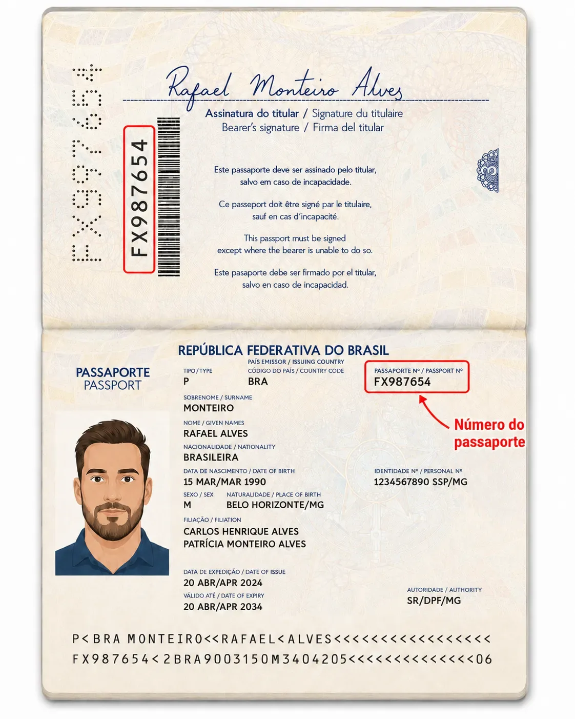 Página de identificação de um passaporte brasileiro com o campo Passaporte nº destacado em vermelho ao lado da foto, mostrando o formato de 2 letras e 6 dígitos