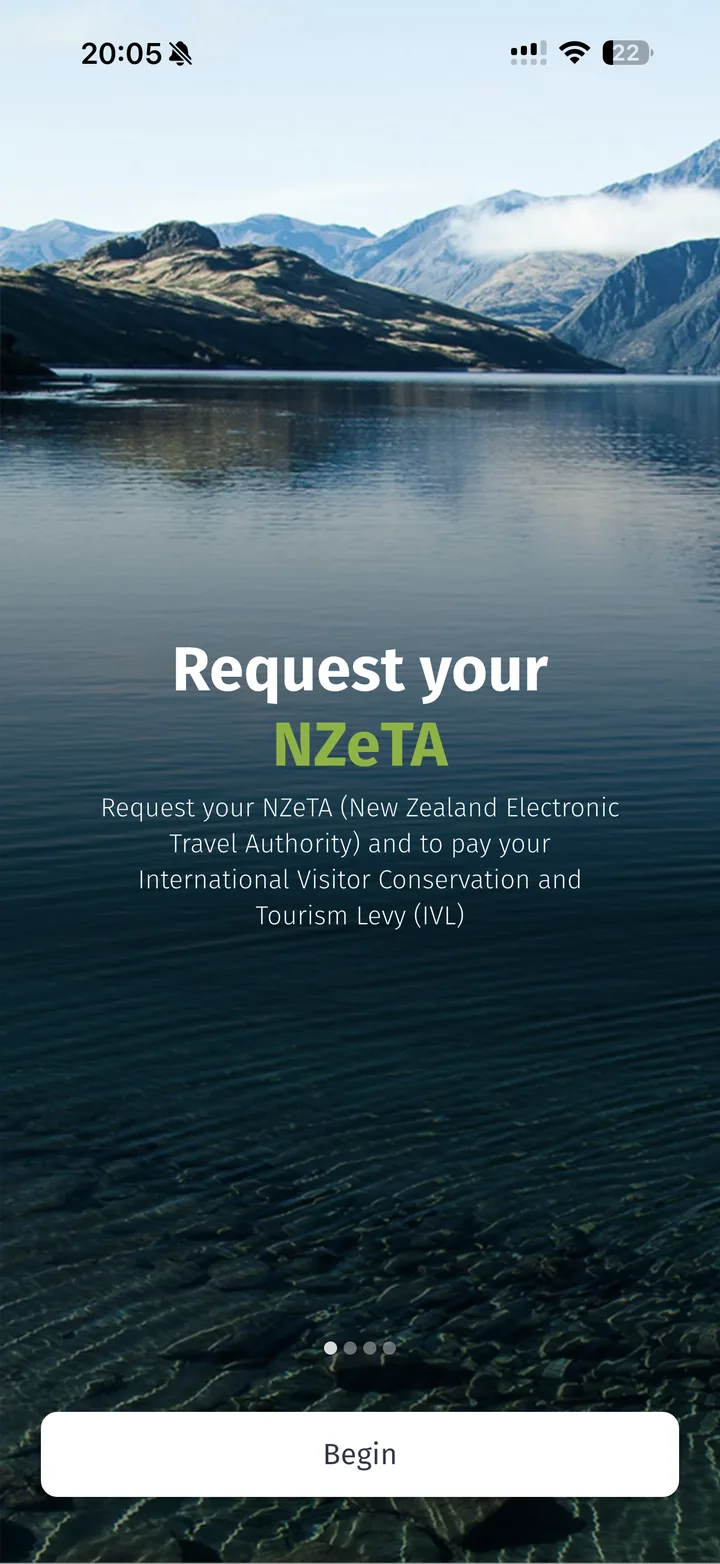 Tela inicial do aplicativo oficial NZeTA para solicitar o visto e pagar a IVL