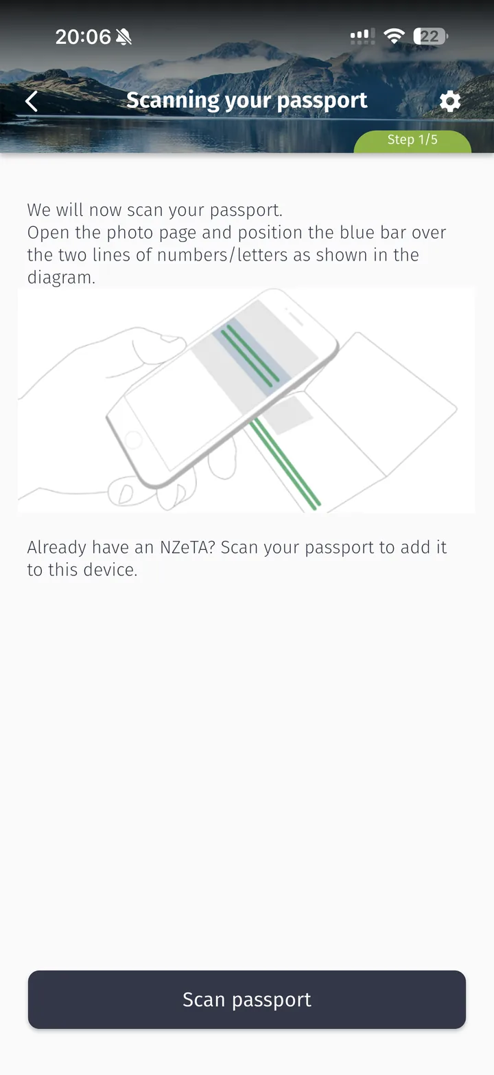 Instrução do app NZeTA para escanear a página de dados do passaporte