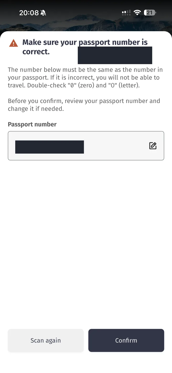 Tela do app NZeTA para conferir o número do passaporte lido