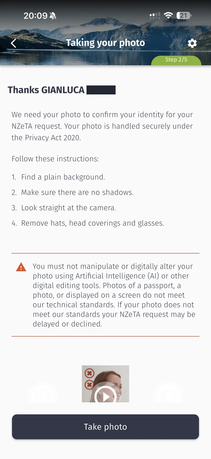 Instruções do app NZeTA para tirar a foto de identidade