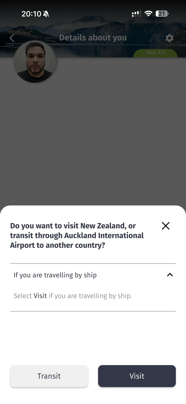 Pergunta do NZeTA sobre visitar ou transitar pela Nova Zelândia