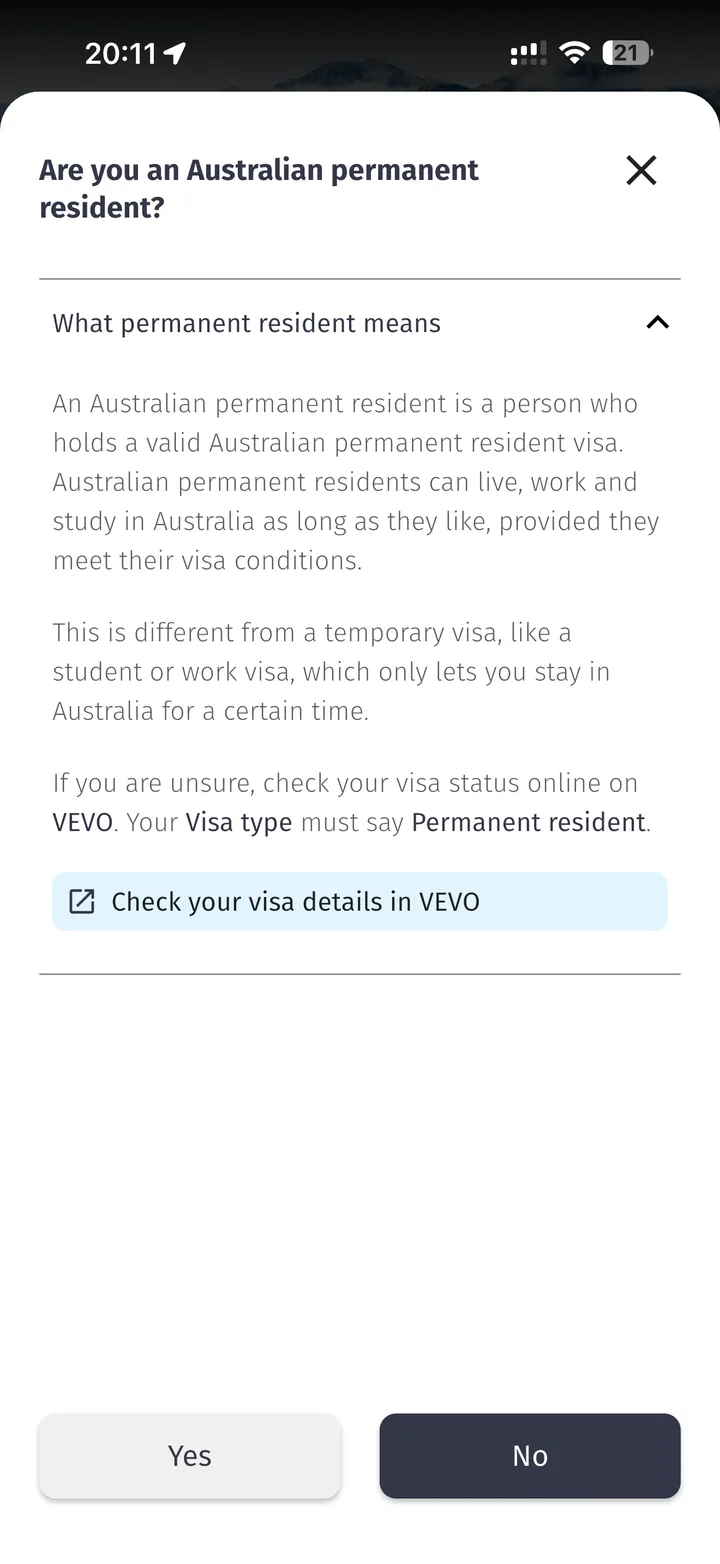 Pergunta do NZeTA sobre residência permanente na Austrália