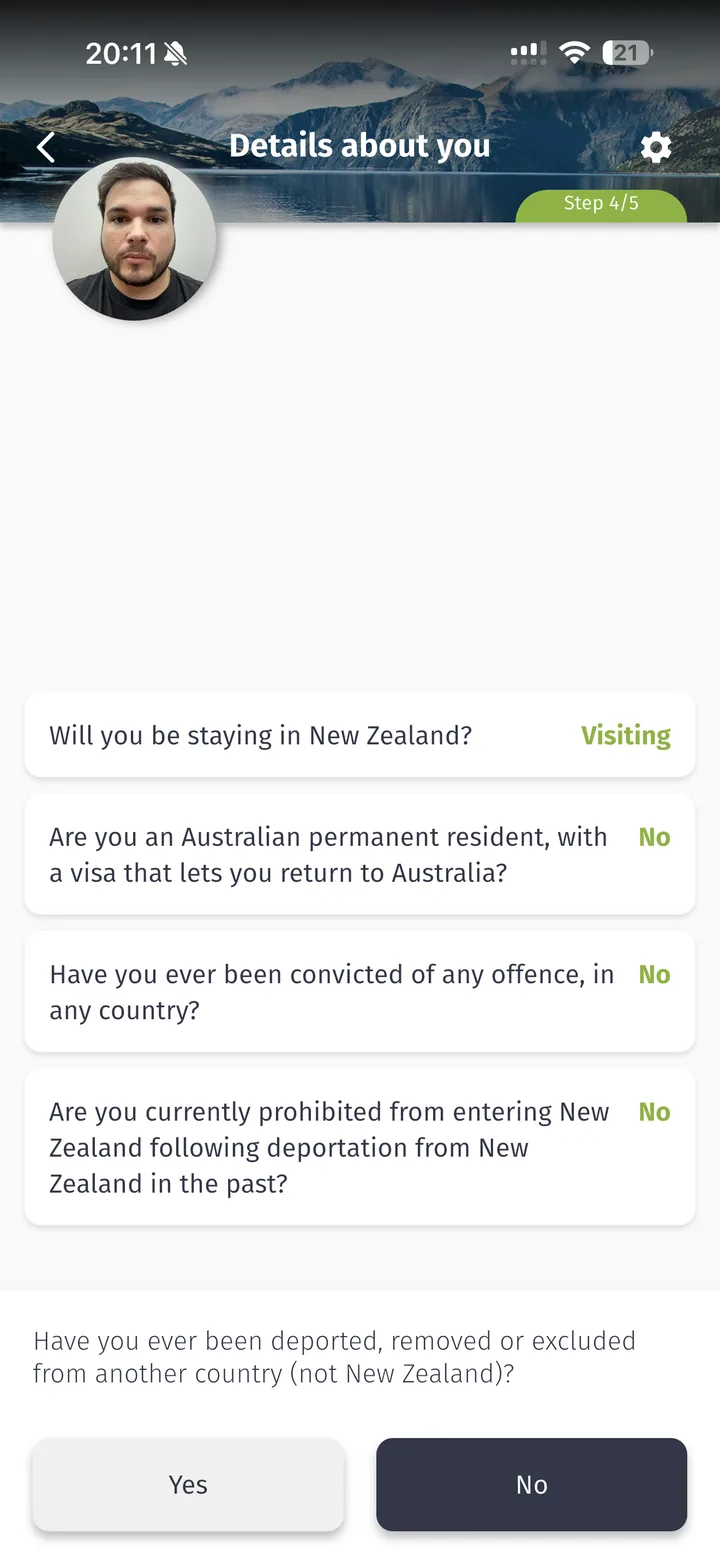 Sequência de perguntas de caráter do NZeTA respondidas