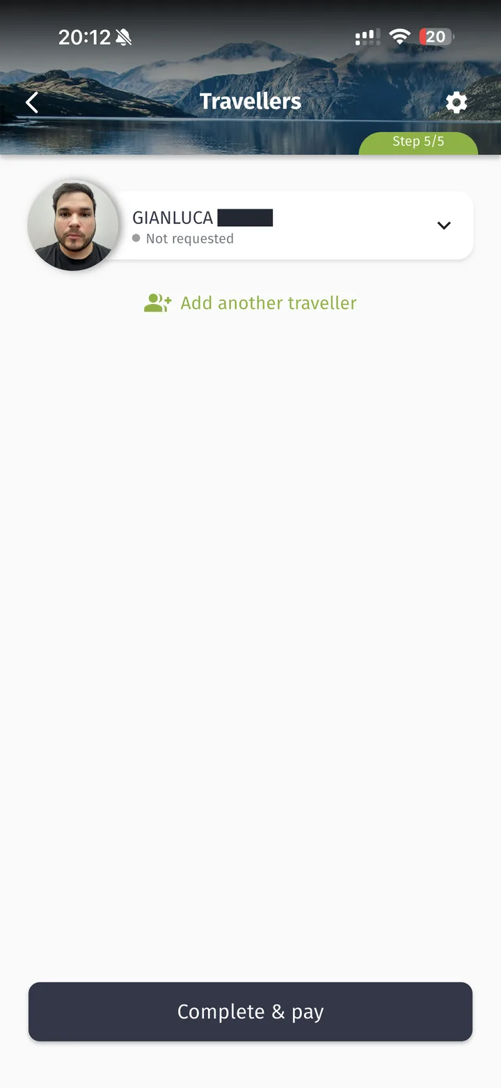 Tela de viajantes do NZeTA com opção de pagar