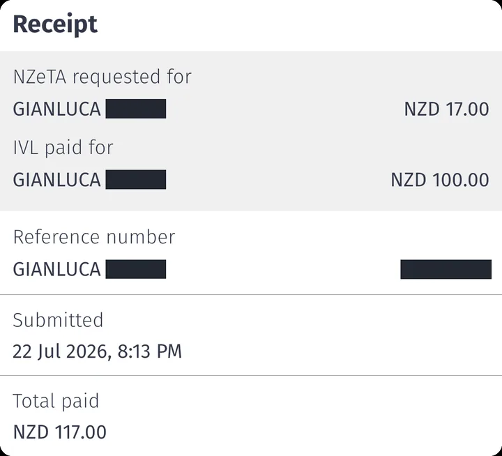Recibo do NZeTA com o total pago de NZD 117