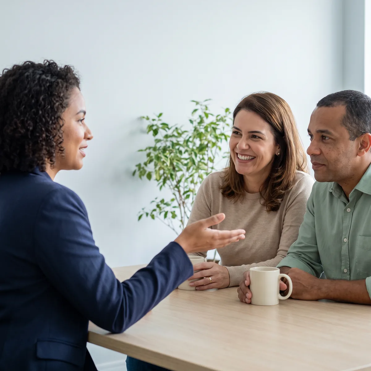 Consultora explica o processo a um casal sentado à mesa, os três conversando e sorrindo