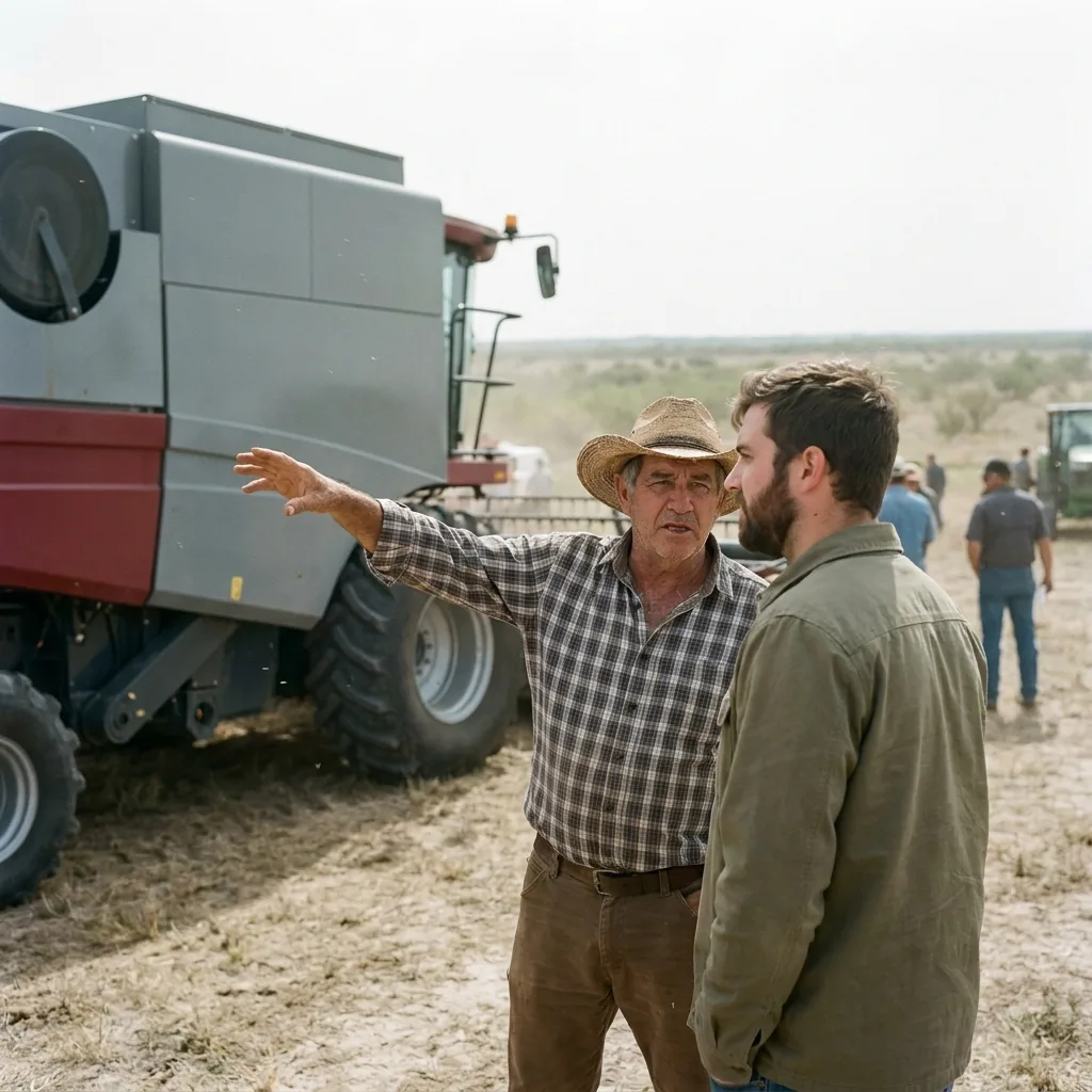 Produtor rural de chapéu conversando com expositor ao lado de uma colheitadeira, em feira agrícola no Texas