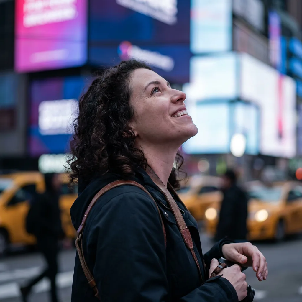 Turista olhando para cima, encantada, no meio da Times Square iluminada em Nova York